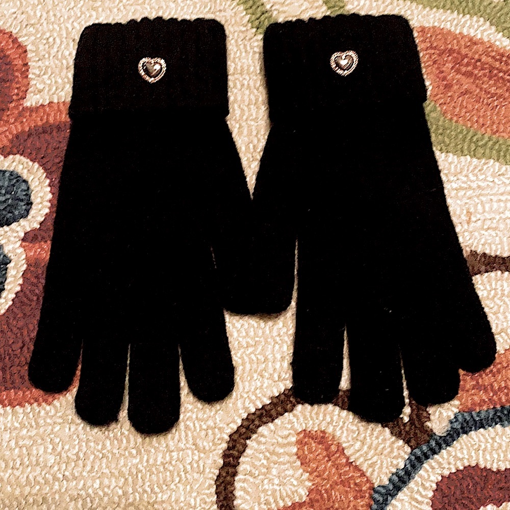 ❌SOLD❌🐎Coach🐎 Two-Toned Rose Gold And Silver Heart Adornments Black Gloves - Picture 1 of 10